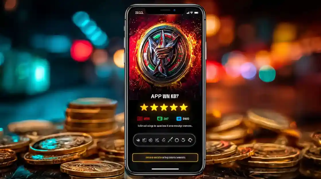 A smartphone showcasing a five-star rated mobile casino app, resting amongst a huge pile of gold coins to signify a winning application.