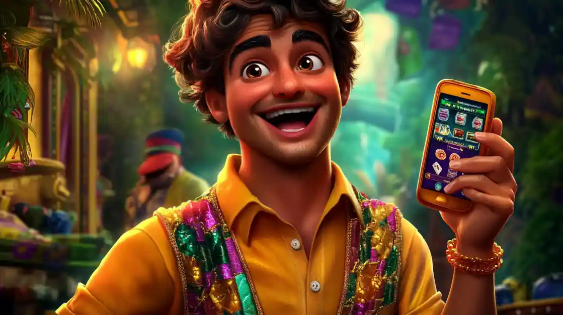 An excited man in colorful festive clothing, smiling broadly as he shows off a win on an online casino game on his smartphone.