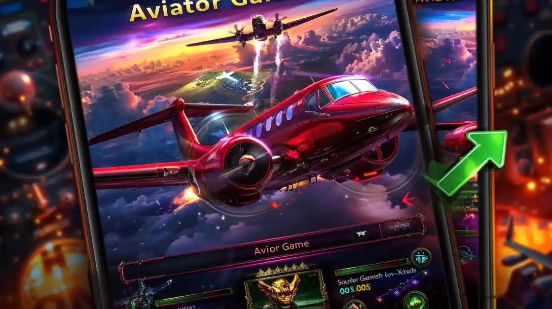 A close-up of the Aviator game on a mobile screen, with a red jet flying upwards and a green arrow indicating a successful bet or rising multiplier.