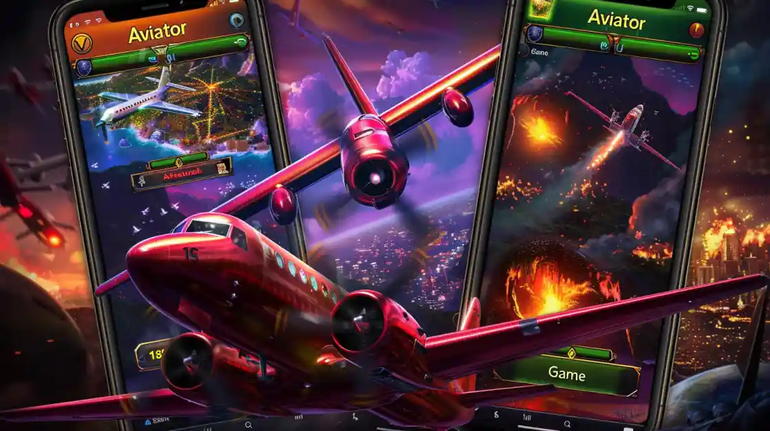 A dynamic promotional image for the Aviator game, showcasing different gameplay moments on multiple phone screens with a large red jet in the foreground.