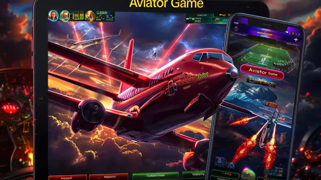 The popular Aviator crash game shown on both a tablet and a mobile phone, featuring a dramatic red airplane against a fiery sunset.