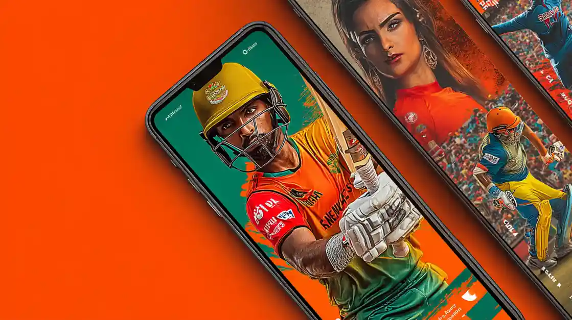 A close-up of several smartphones displaying a cricket betting application with high-quality graphics of players.