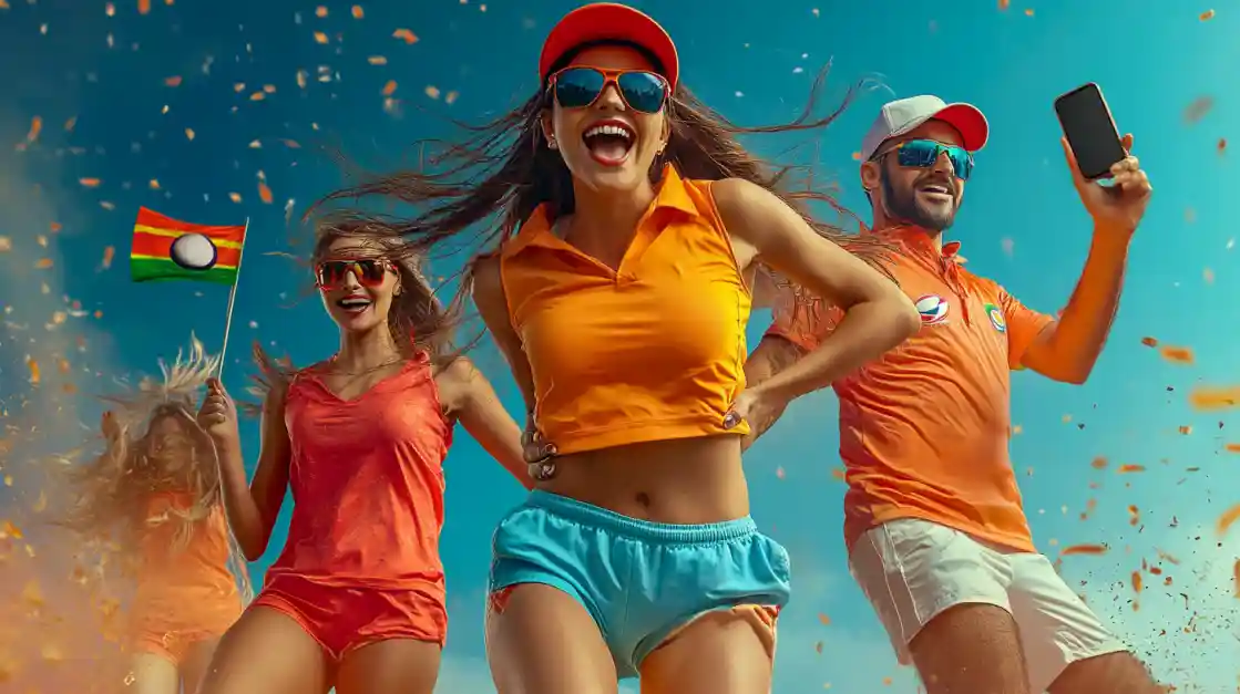 A group of excited sports fans in colorful sportswear celebrating a win with confetti and a flag, promoting the thrill of sports betting.