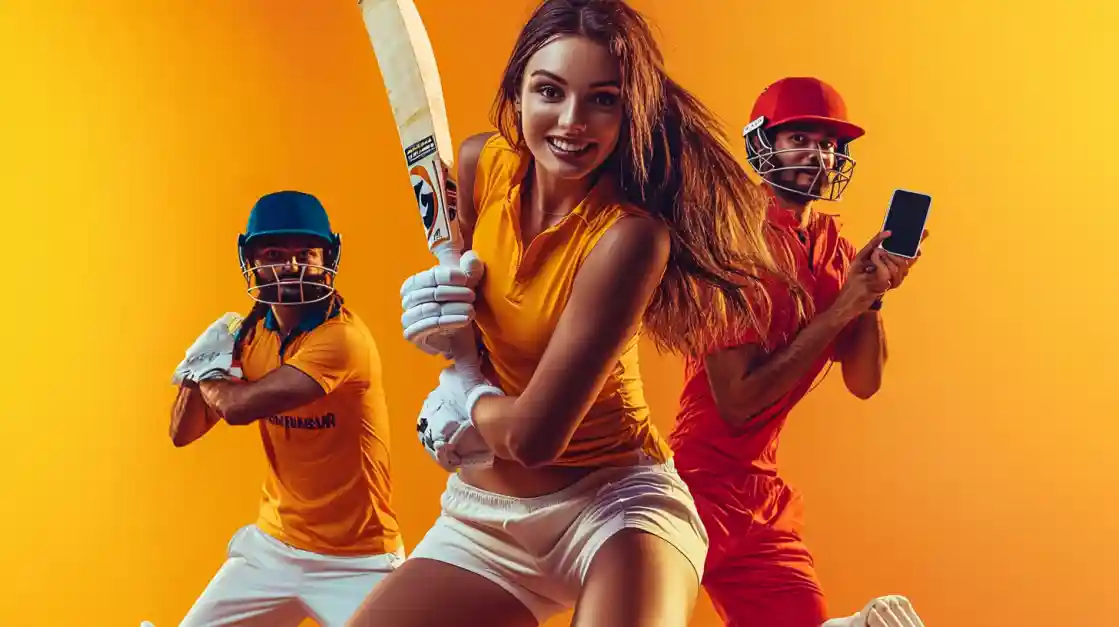 A smiling woman holding a cricket bat, with two male cricket players in action behind her, against a vibrant yellow background promoting cricket betting.