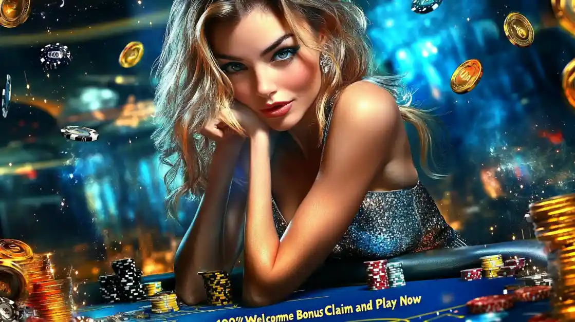 An elegant woman at a casino table surrounded by floating poker chips and stacks of gold coins, with a Welcome Bonus Claim Now message.