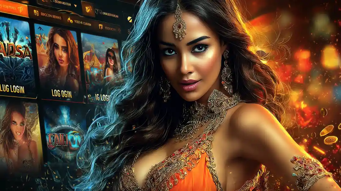 A beautiful woman wearing ornate Indian jewelry in front of a screen showcasing the vast library of games available at the online casino.