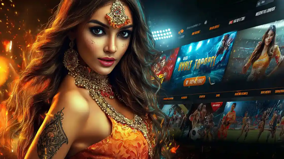 A beautiful woman in traditional Indian attire and jewelry, posing in front of a screen displaying a modern sports betting website.