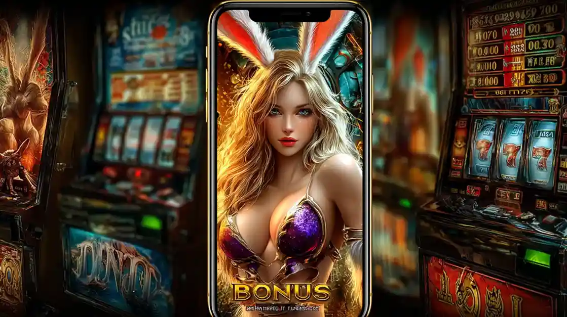 A smartphone screen showing a Bonus feature from an online slot game with a glamorous woman wearing bunny ears, set against a casino floor background.