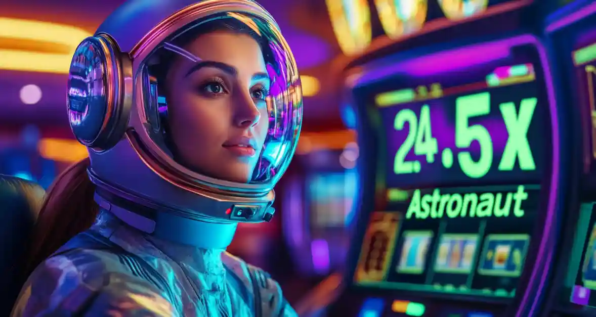 A female astronaut in a futuristic casino looks at a slot machine displaying a 24.5X multiplier win on the Astronaut game.