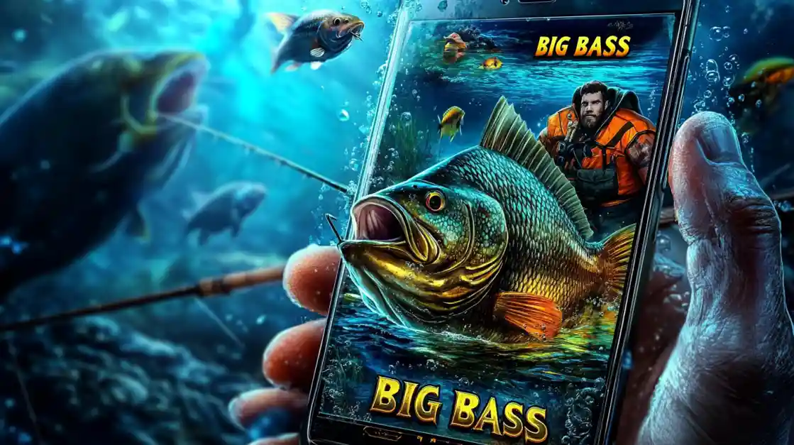 A person holding a smartphone showing the popular Big Bass fishing slot game, with a large bass on the hook.