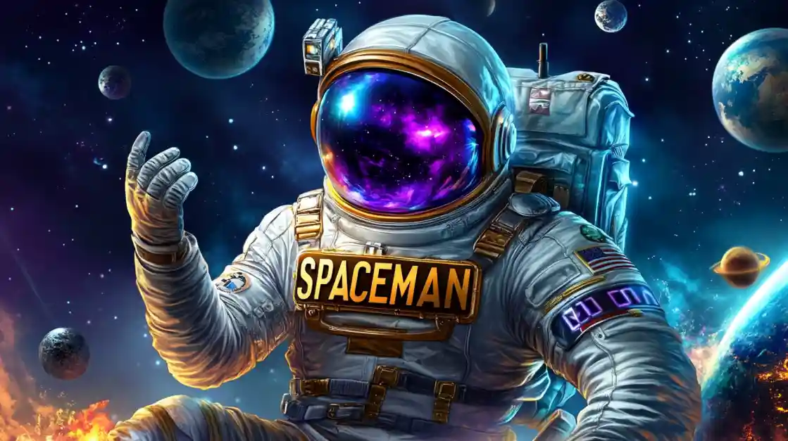 An astronaut with SPACEMAN on their chest floating in outer space, surrounded by planets, promoting a popular online casino slot game.