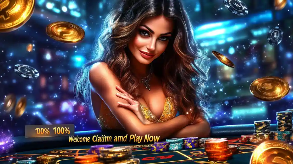 An elegant woman at a casino table surrounded by gold coins and poker chips, with a sign offering a 100% Welcome Claim and Play Now bonus.