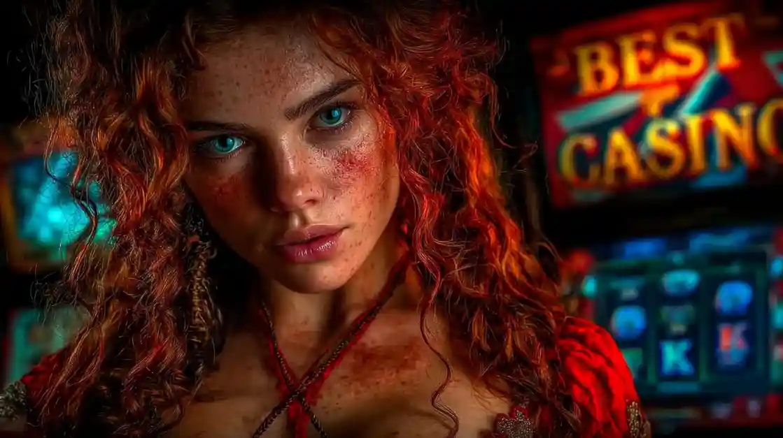 An intense close-up portrait of a beautiful woman with red hair in a casino, with a glowing Best Casino sign and slot machines blurred in the background.