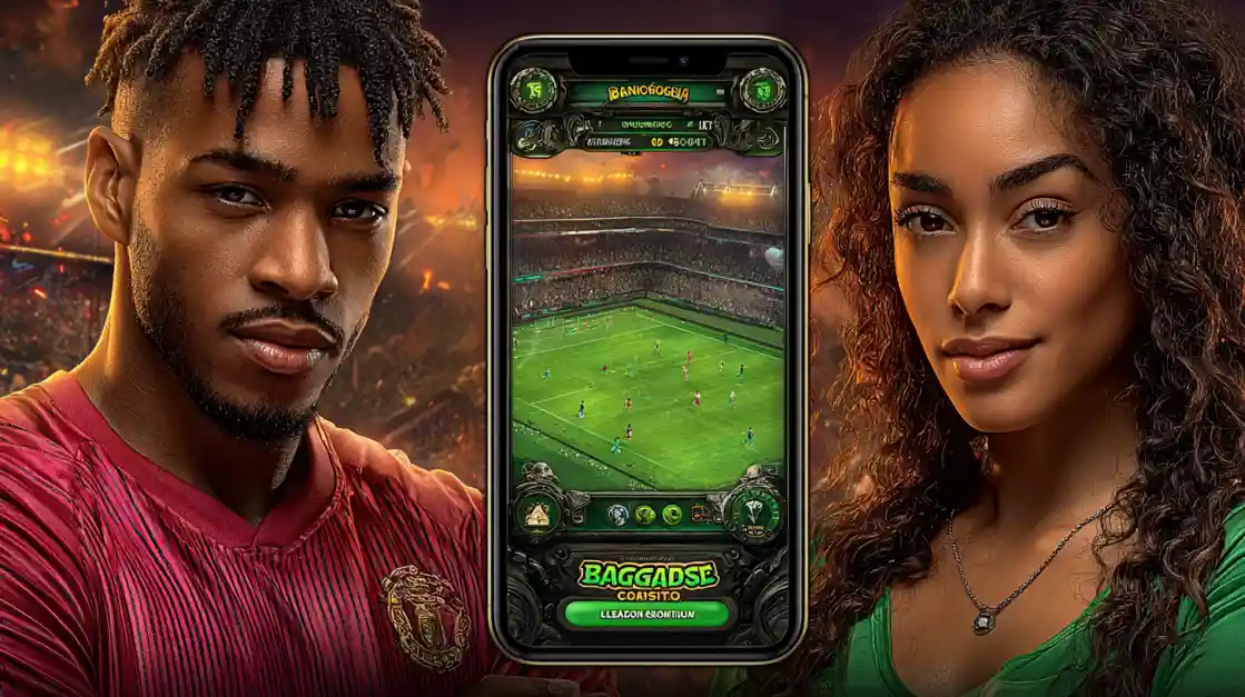 A man and a woman looking towards the camera, with a smartphone between them showing a football betting app with a live match view.