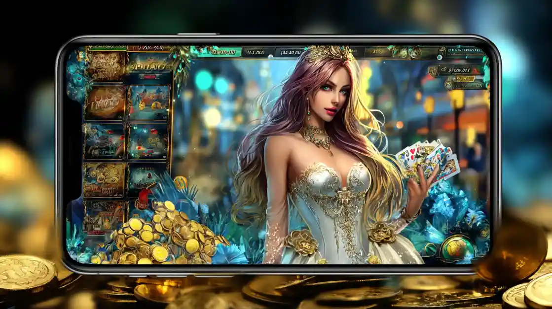 An online casino slot game displayed on a smartphone, featuring a fantasy princess with playing cards. The phone is surrounded by piles of gold coins.