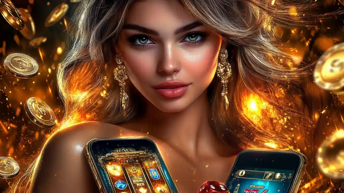 A beautiful woman surrounded by a shower of gold coins and fire, holding two smartphones displaying winning online slot machine games.