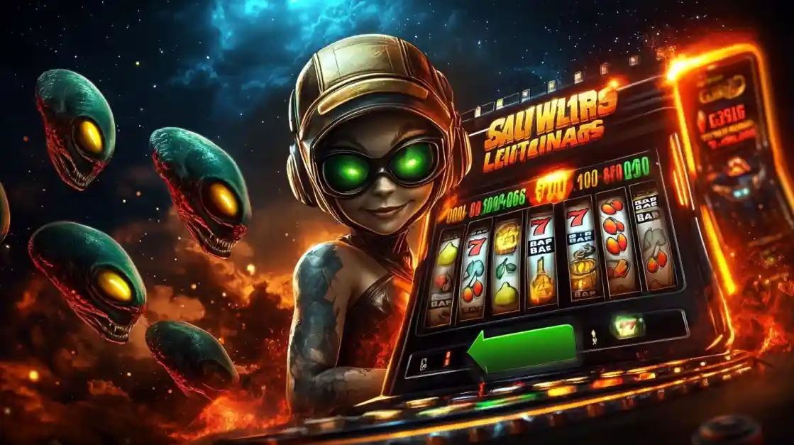 A cool alien character with glowing green eyes stands next to a fiery online slot machine featuring classic fruit and 7s symbols.