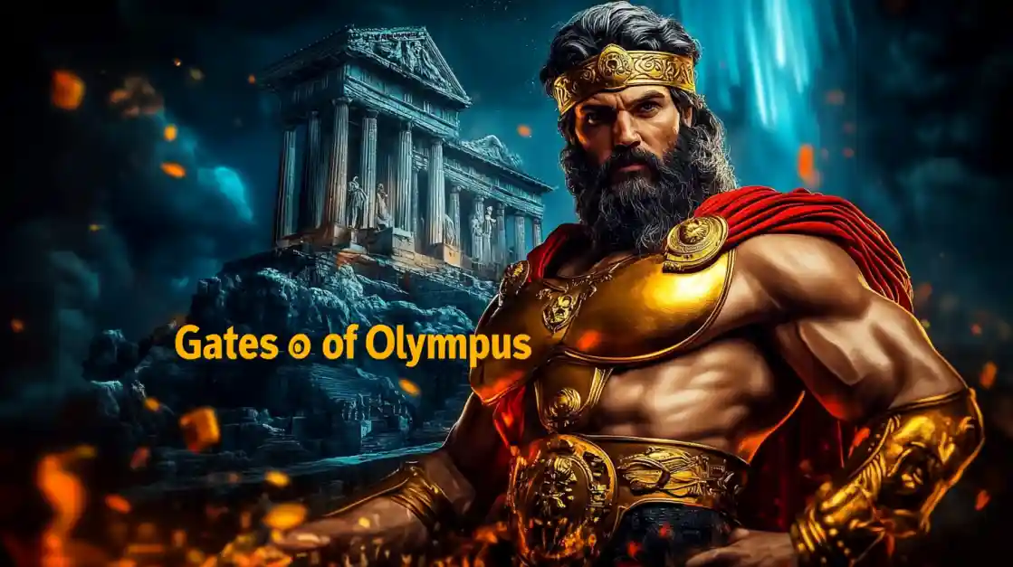 The main character from the Gates of Olympus slot, a powerful Greek god, stands before a majestic temple on Mount Olympus.