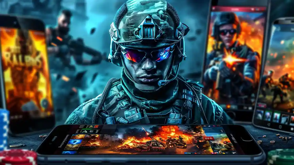 A soldier in tactical gear is surrounded by smartphones displaying an intense, military-themed action game for mobile devices.